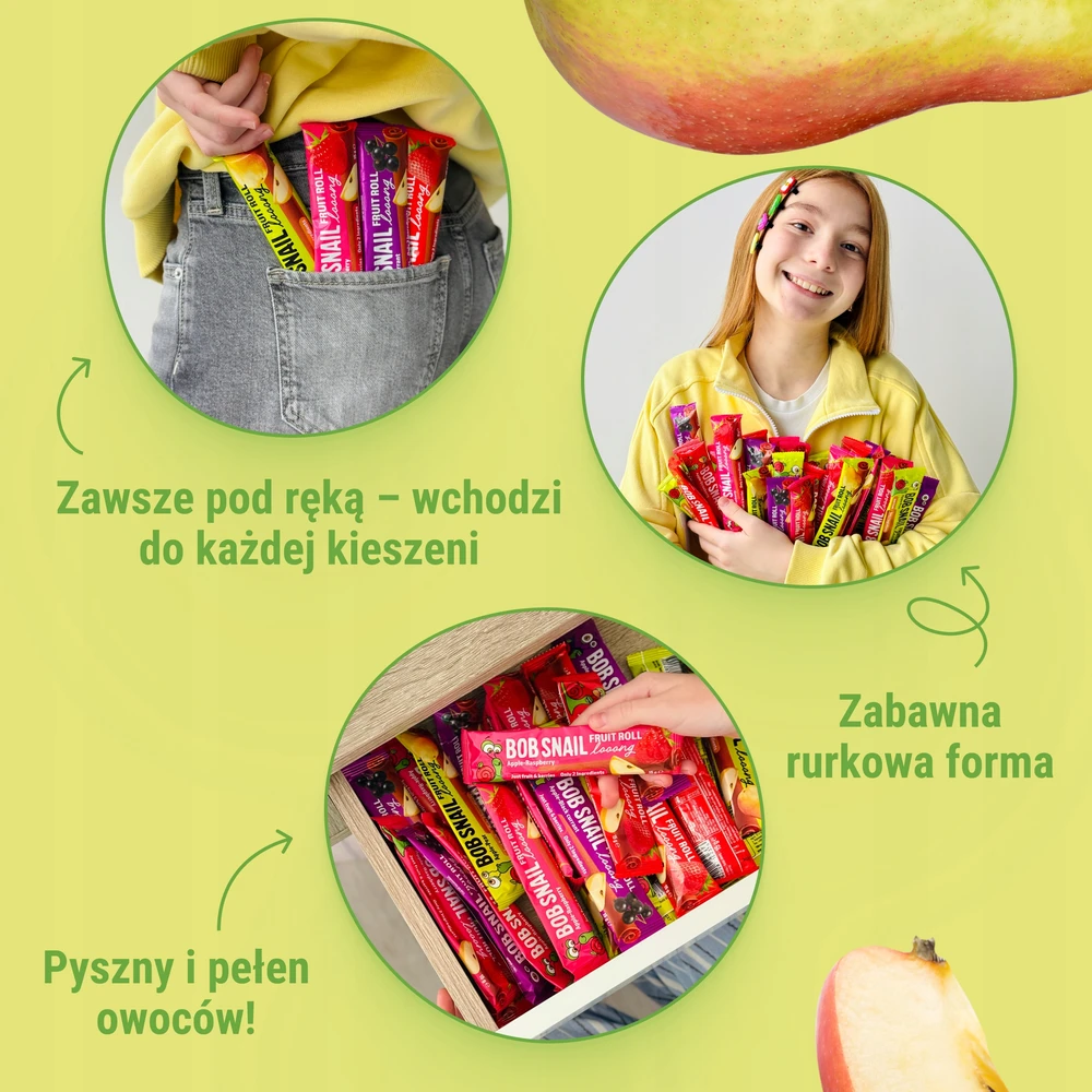 BOB SNAIL vaisių suktinukai Looong obuolių kriaušių rinkinys 30vnt x15g BE CUKRAUS