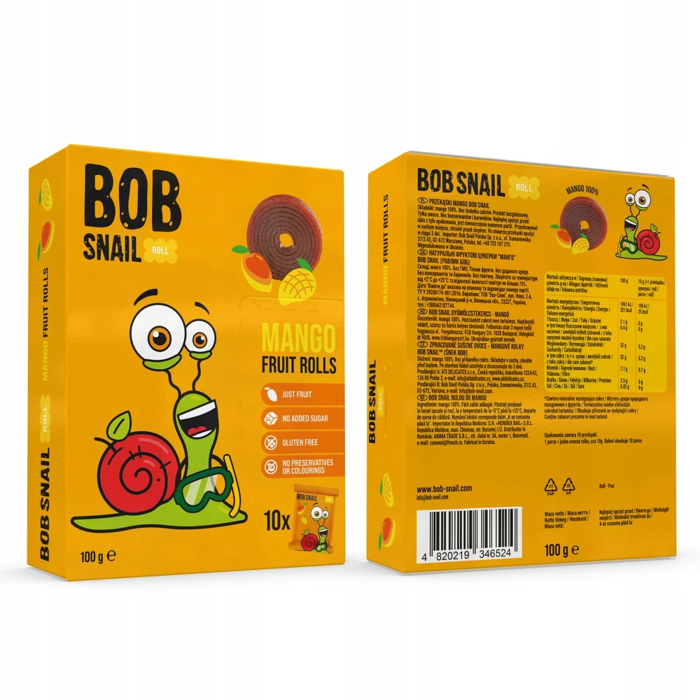 BOB SNAIL vaisių suktinukai MANGO KRIAUŠIŲ MIŠINIAI be cukraus 500g 50 vnt.