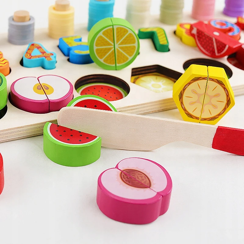 Dėlionė Bobo San MONTESSORI MEDIENOS DĖLĖLĖS VAISIŲ SKAIČIAI MOKYMOSIOS MEDIENOS rūšiavimo lenta