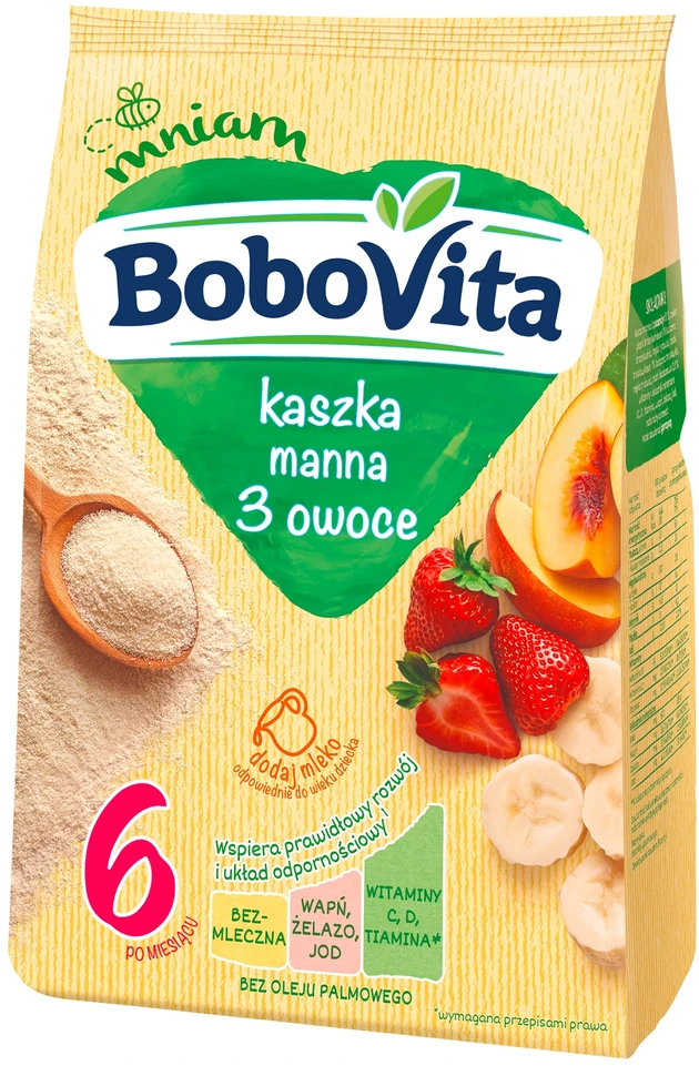 BOBOVITA BE PIENO SEMONNA 3 VAISIAI PO 6 MĖNESIŲ 180g
