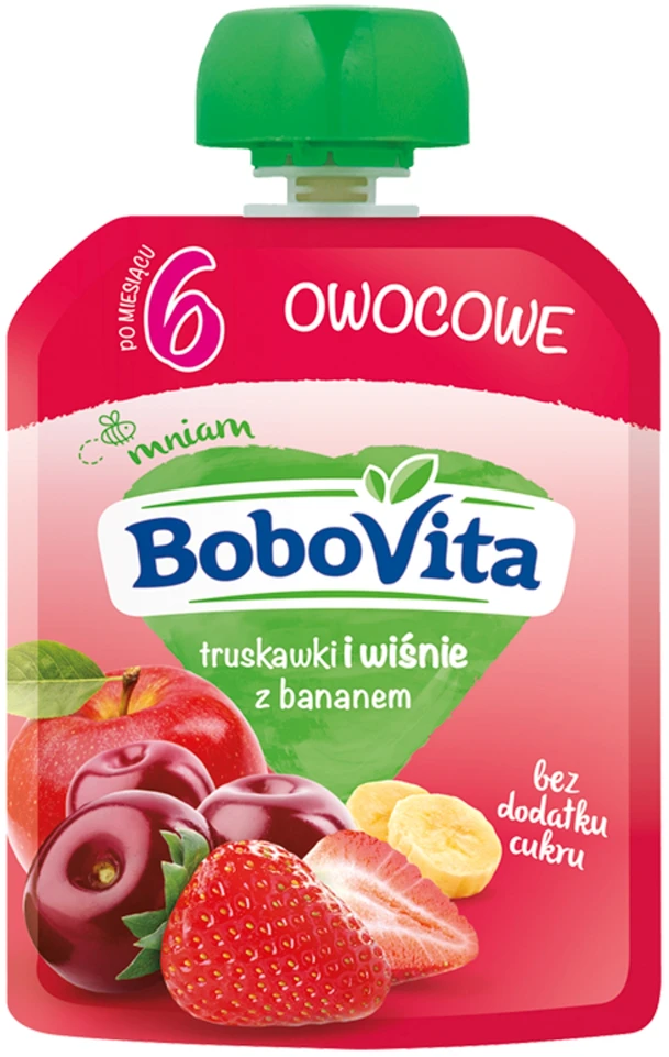 BOBOVITA BRAŠKĖS IR VYŠNIOS SU BANANAIS PO 6 MĖNESIŲ 80g
