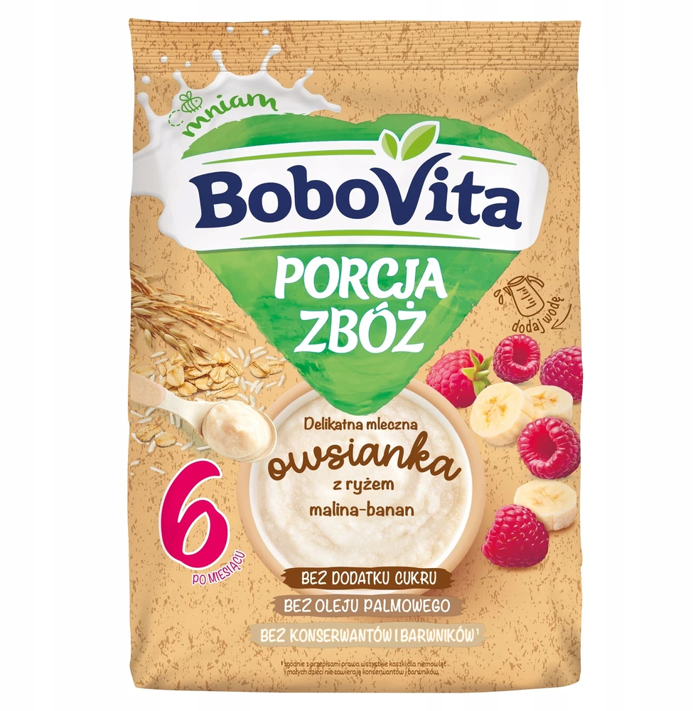 BOBOVITA GRŪDŲ PIENO KOŠĖS PATIEKIMAS SU RYŽIŲ AVIEČIŲ BANANU 210g