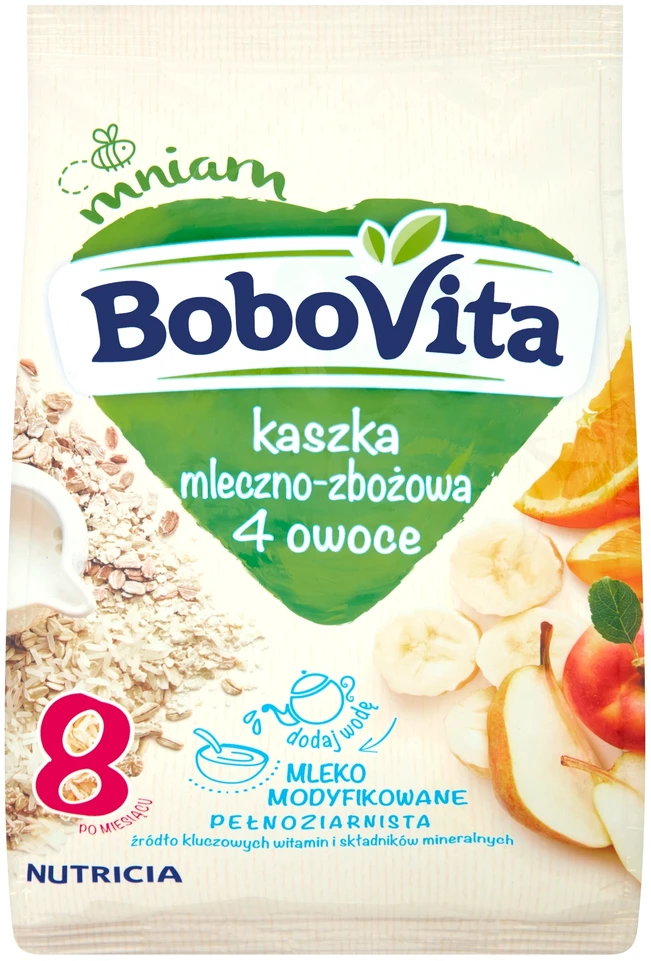 BOBOVITA PIENAS IR GRŪDAI 4 VAISIAI PO 8 MĖNESIŲ 230g