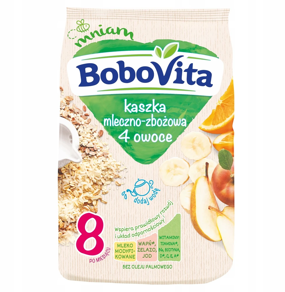BOBOVITA PIENAS IR GRŪDAI 4 VAISIAI PO 8 MĖNESIŲ 230g