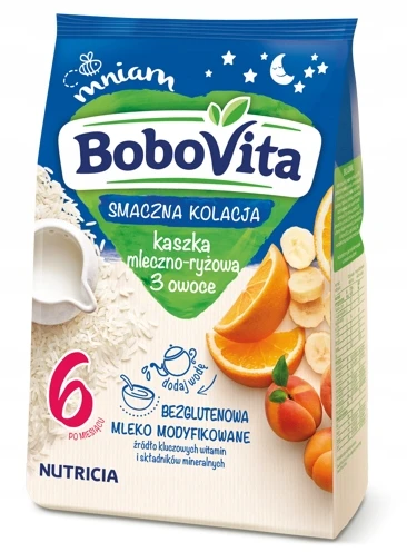 BoboVita pieno ir ryžių košė 3 vaisiai TASTY DINNER 230g