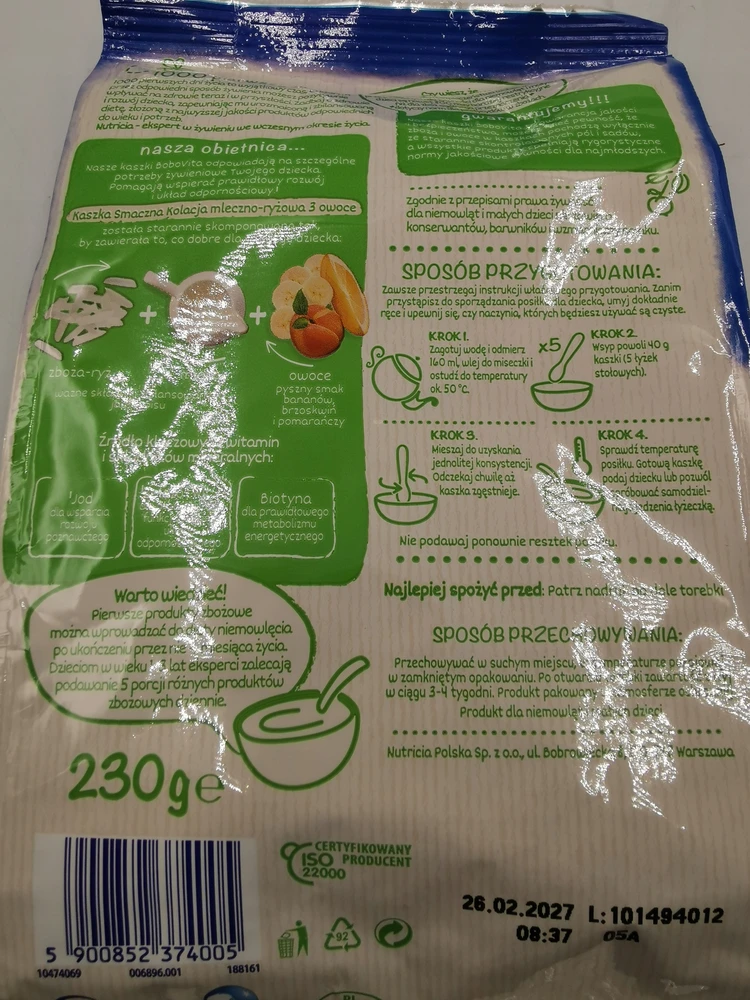 BoboVita pieno ir ryžių košė 3 vaisiai TASTY DINNER 230g