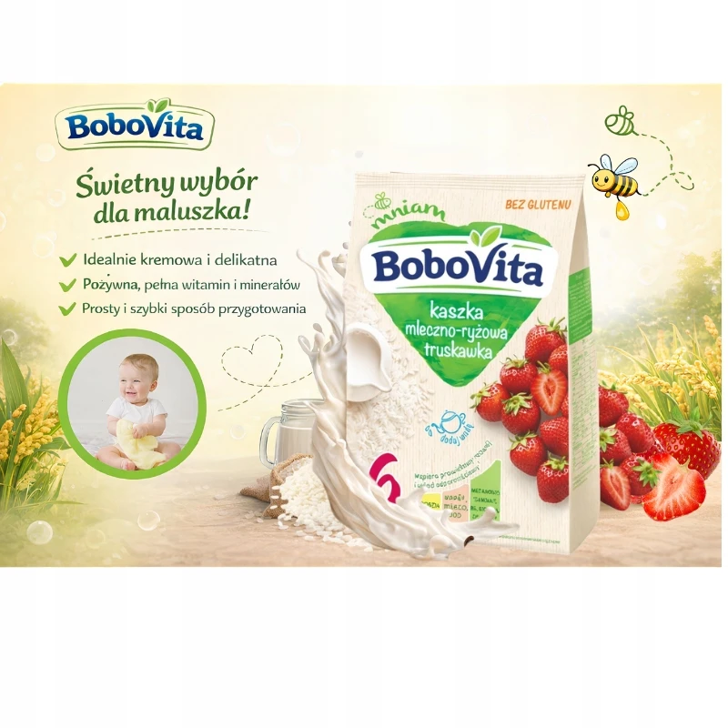 BOBOVITA Pieno ir ryžių košė Braškių 6m+ 230 g