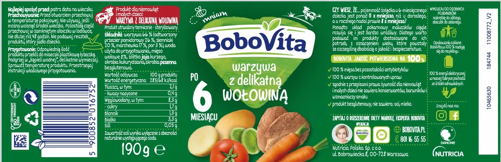 Bobovita vakarienė Daržovės su švelnia jautiena kūdikiams nuo 6 mėnesių, 190g