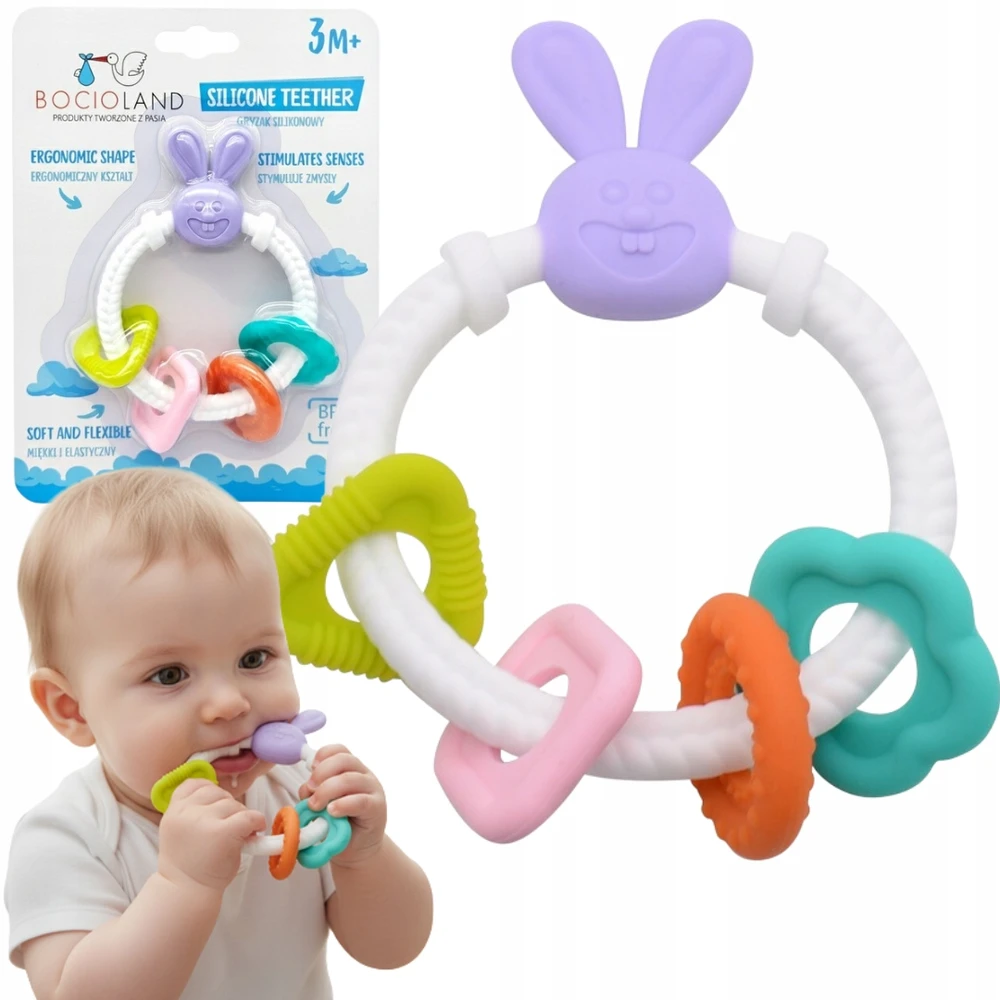 Bocioland Sensory Teether silikoninis zuikis su pakabukais 0m+