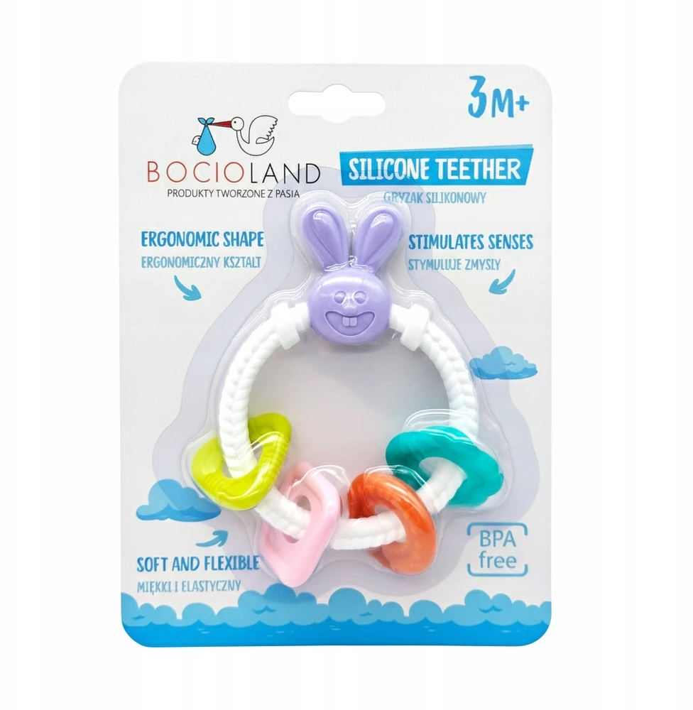 Bocioland Sensory Teether silikoninis zuikis su pakabukais 0m+