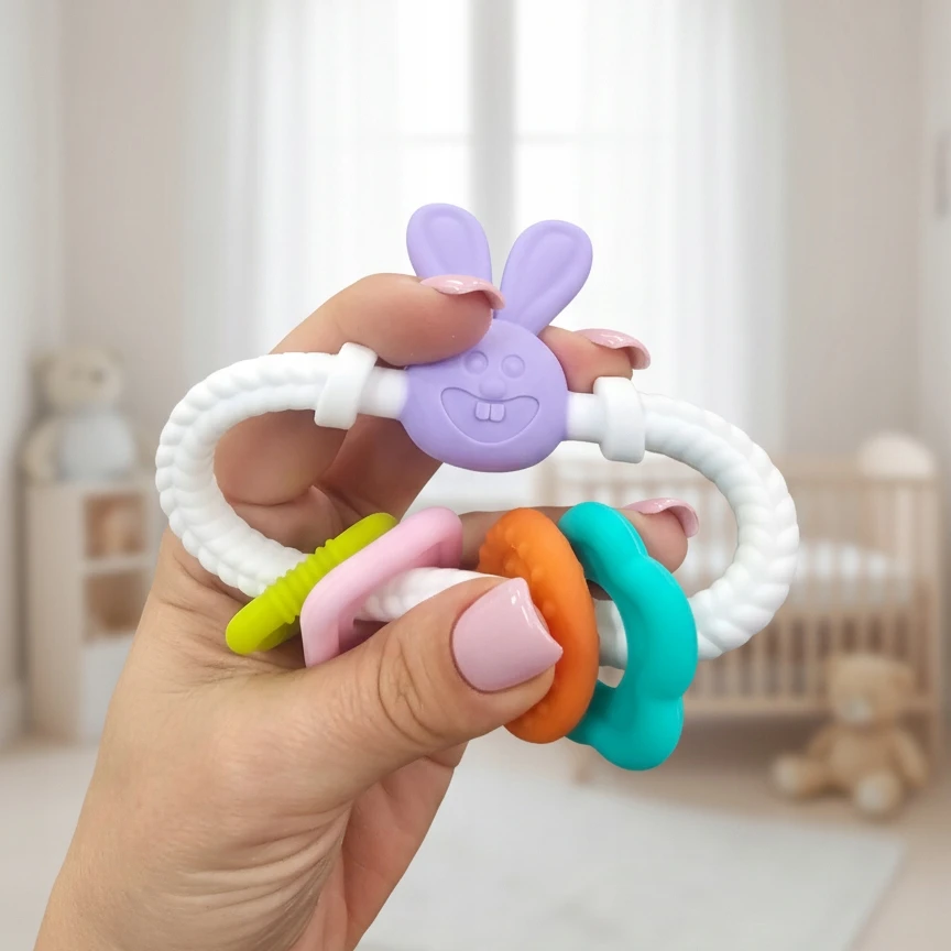 Bocioland Sensory Teether silikoninis zuikis su pakabukais 0m+
