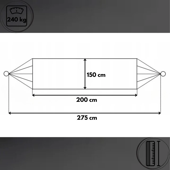 Boho dvivietis sodo hamakas 150x275 240kg su maišeliu ir virvelėmis tamsiai pilka