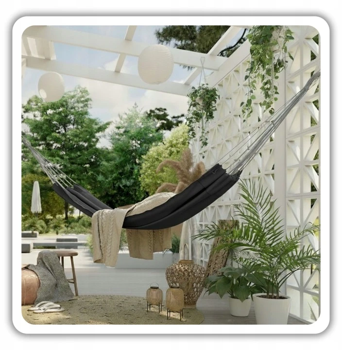 Boho dvivietis sodo hamakas 150x275 240kg su maišeliu ir virvelėmis tamsiai pilka