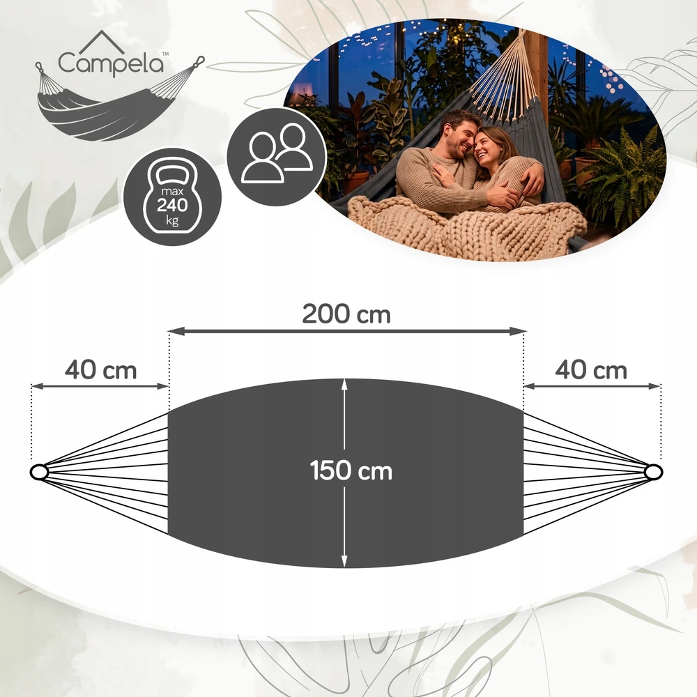 Boho turistinis sodo hamakas dviem žmonėms, 280 cm, pakabinamas krepšys, 240 kg
