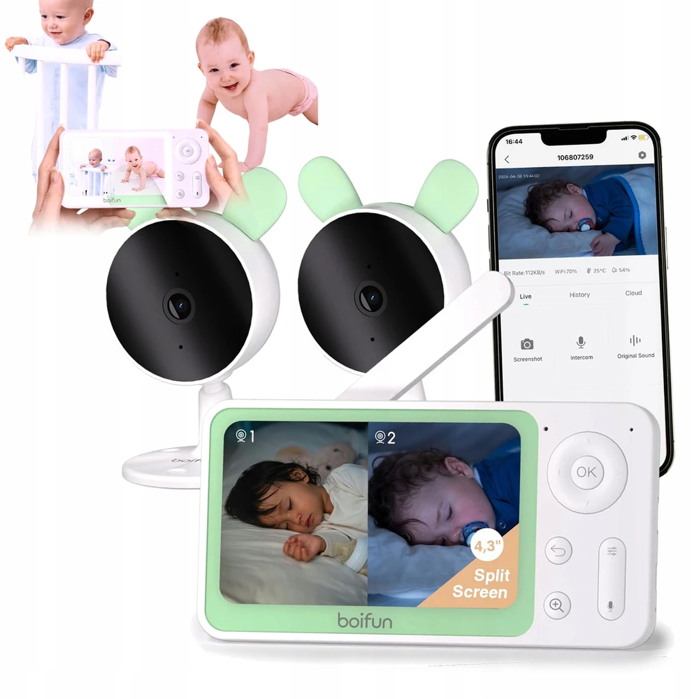 Boifun Baby Monitorius 2 LCD kameros 4,3 colio dvipusis ryšys 144 val. budėjimo režimas