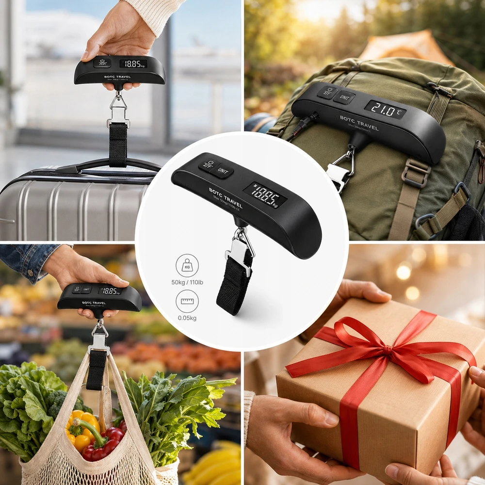 Botc HOOK TRAVEL BAGAŽO svarstyklės, TURISTAS, ORO UOSTAS, RANKINIS LCD, IKI 50KG