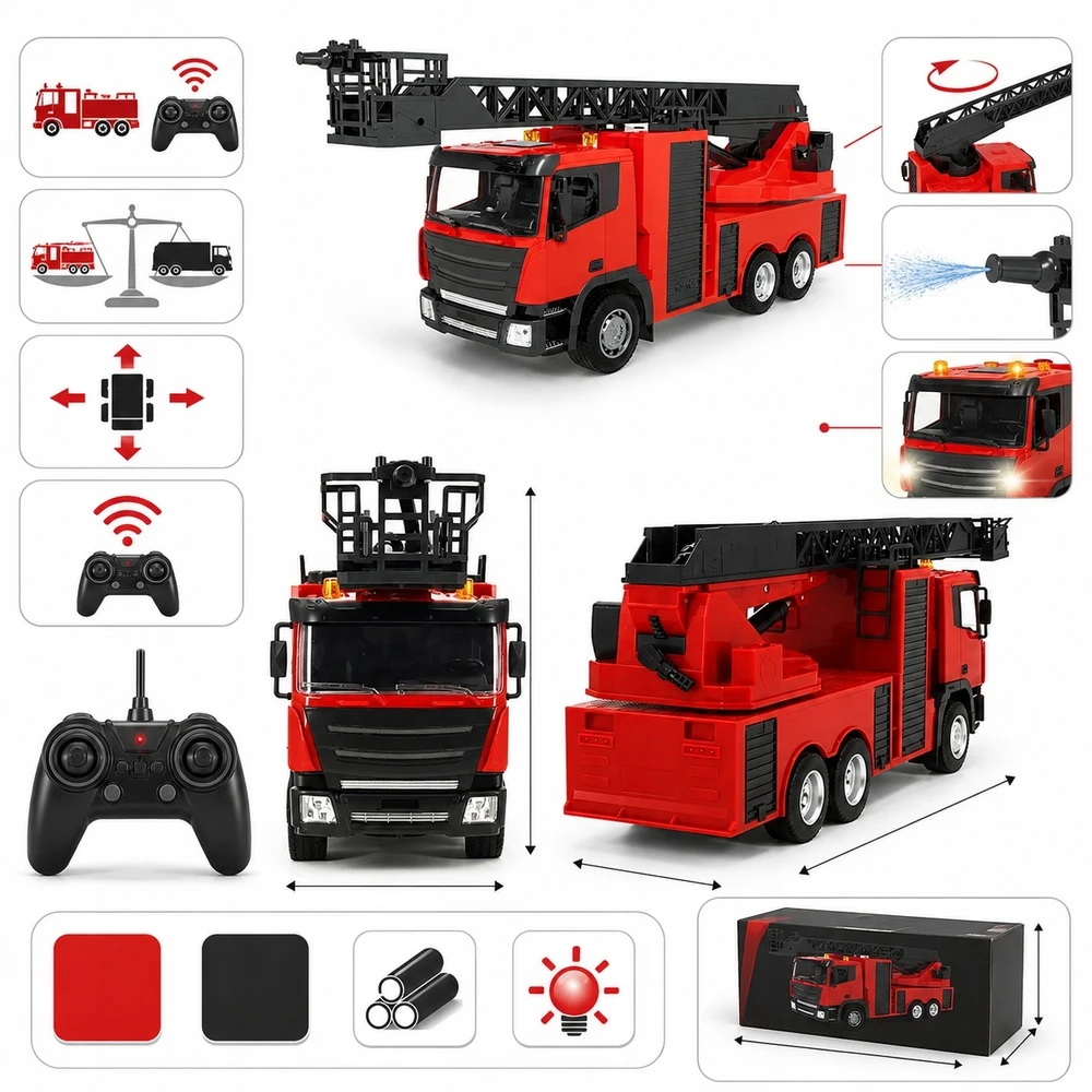 Bounn HUINA R/C FIRE TRUCK ŠAUDYMAS VANDENS NUOTOLIUOJU VALDOMAS GAISRINĖS DALYS 6+