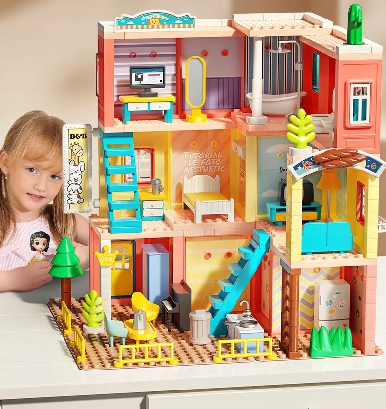 Lean Toys Bounn STATYBINIAI BLOKAI PRABANGI VILA DIDELIO AUKŠTO NAMAS 243 vnt. LED NAMAS 3+