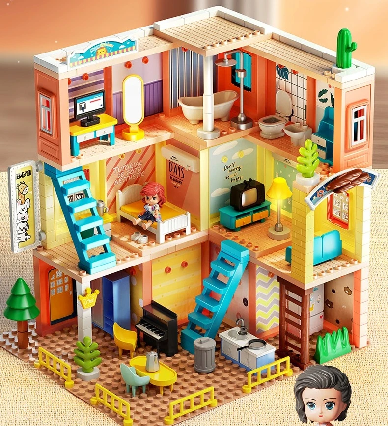 Lean Toys Bounn STATYBINIAI BLOKAI PRABANGI VILA DIDELIO AUKŠTO NAMAS 243 vnt. LED NAMAS 3+