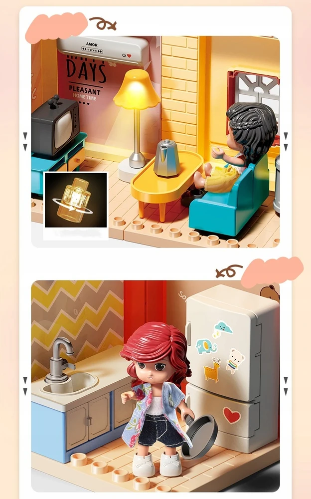 Lean Toys Bounn STATYBINIAI BLOKAI PRABANGI VILA DIDELIO AUKŠTO NAMAS 243 vnt. LED NAMAS 3+