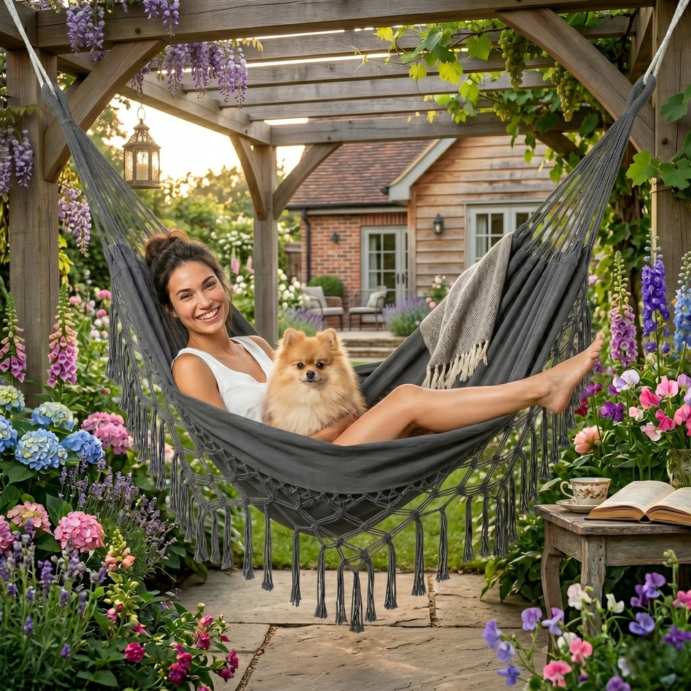 BRAZILIAN DOUBLE HAMMOCK XL BOHO STRONG COVER keliamoji galia 220kg antracitas