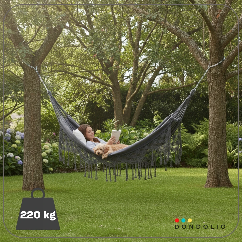 BRAZILIAN DOUBLE HAMMOCK XL BOHO STRONG COVER keliamoji galia 220kg antracitas
