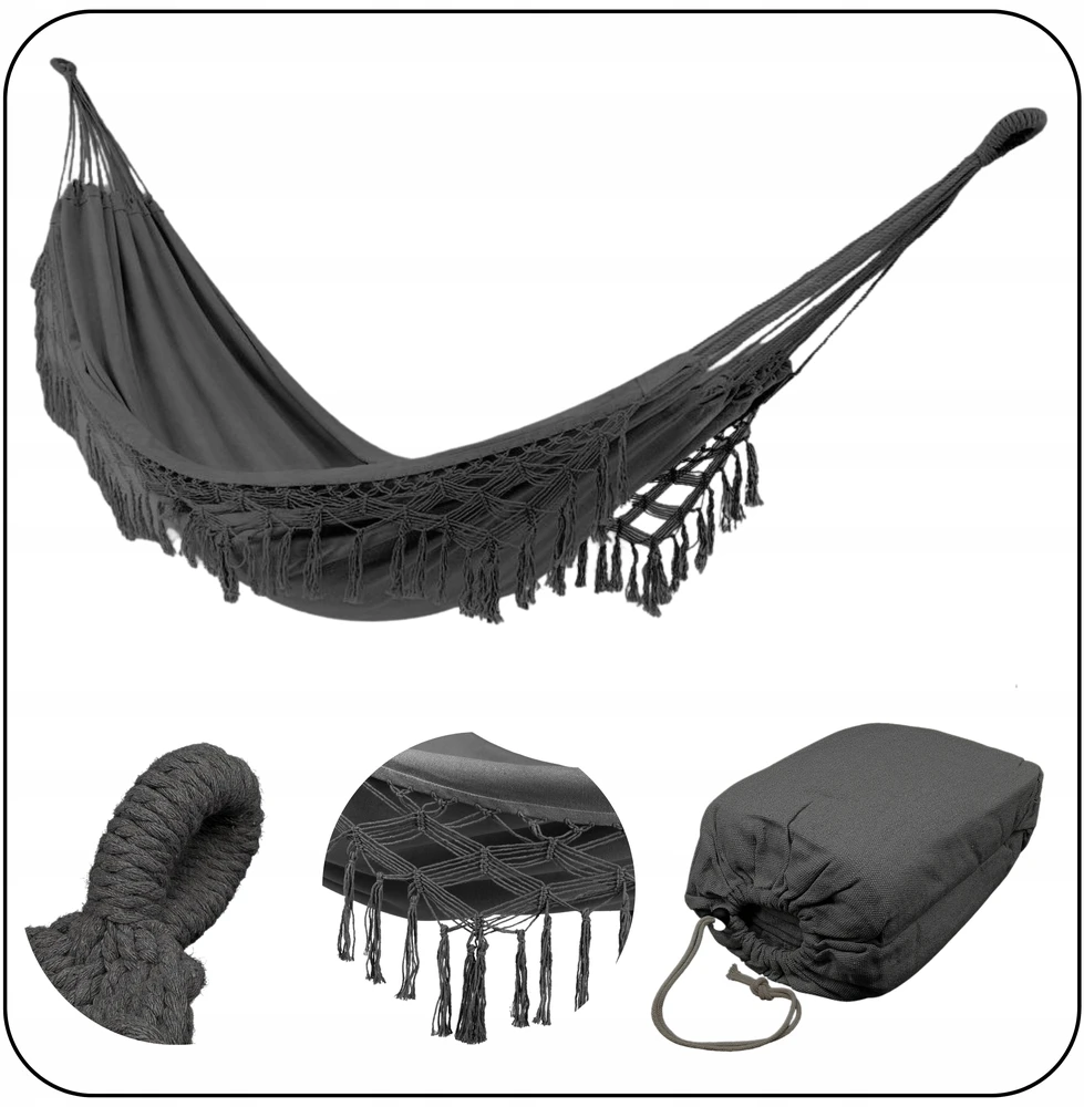 BRAZILIAN DOUBLE HAMMOCK XL BOHO STRONG COVER keliamoji galia 220kg antracitas