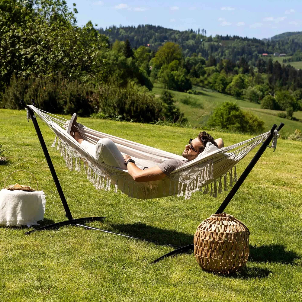 Braziliškas sodo hamakas su kutais Boho Bari su reguliuojamu rėmu