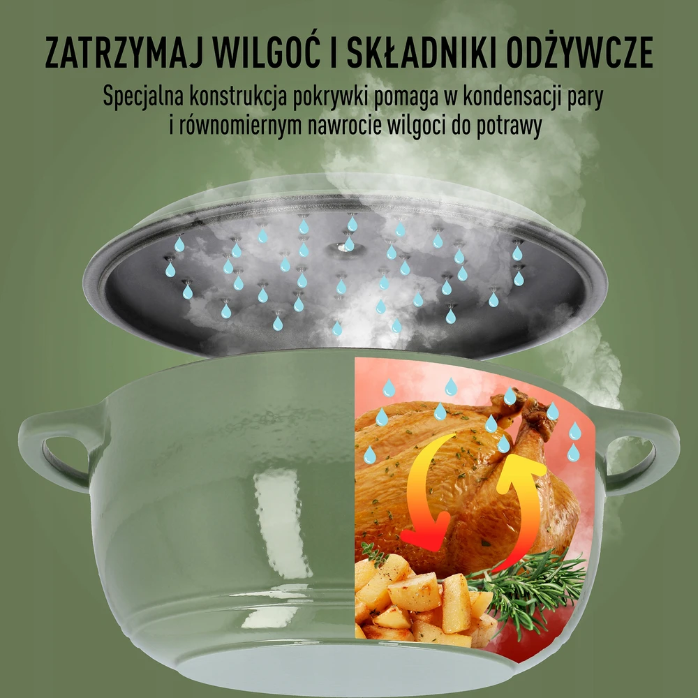 Browin Emaliuotas ketaus puodas 5,8 l žalias katilas, kepsninė, indukcinė dujinė viryklė