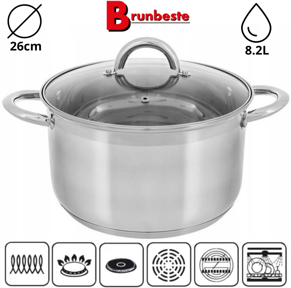 Brunbeste DIDELIS nerūdijančiojo plieno PUODAS 26 cm 8,2 L DUJŲ INDUKCINIS PUODAS SU KIAULIU