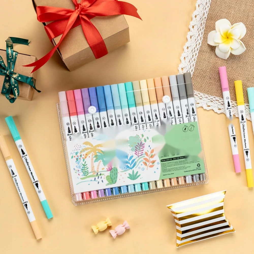 BRUSH PEN 36 PASTELĖS DVIŠALĖS SPALVOS VANDENS ŽYMEKLIAI BE RŪGŠČIŲ