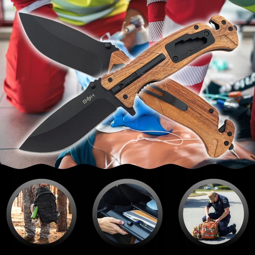 Bsh Adventure BSH SPRING RESCUE KNIFE 6in 1 MEDŽIOKLĖS AUTOMATINIAI PRIEŽIŪRAI SOUTHING DAGGER EDC