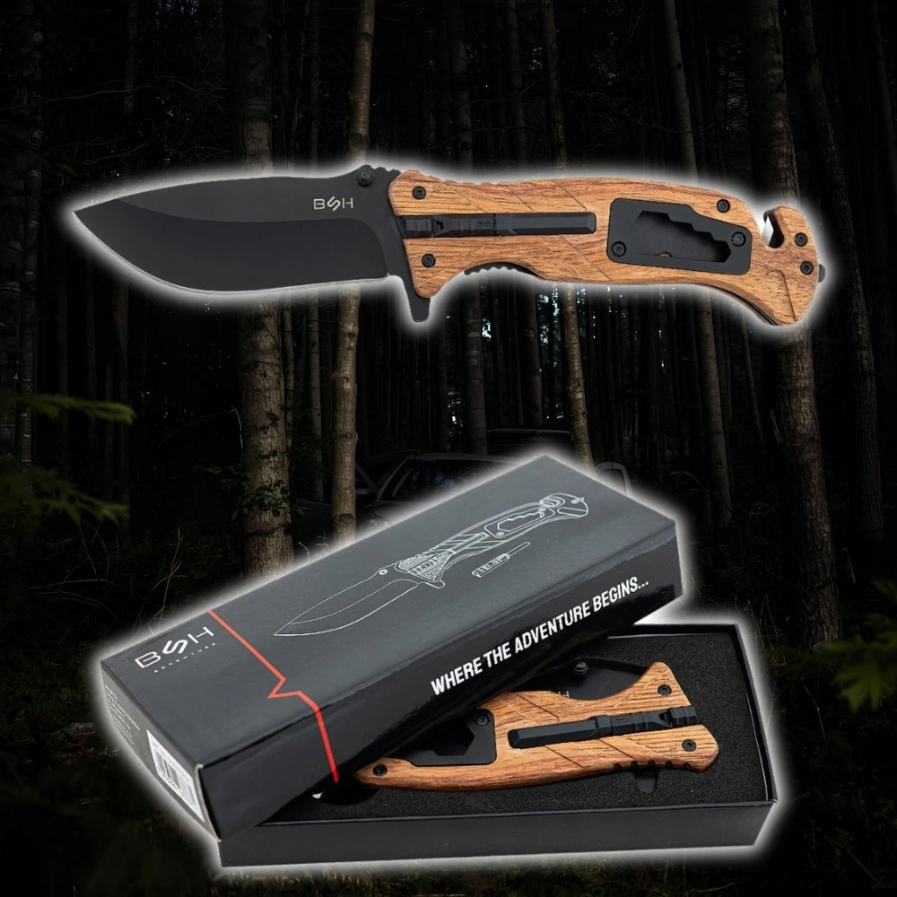 Bsh Adventure BSH SPRING RESCUE KNIFE 6in 1 MEDŽIOKLĖS AUTOMATINIAI PRIEŽIŪRAI SOUTHING DAGGER EDC
