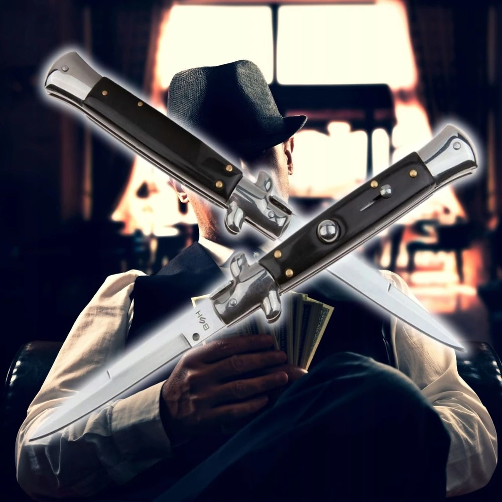 BSH ADVENTURE ITALIJOS SICILIJOS PAVASARINIO PEILIO KIŠENĖS PEILIS MAFIA DAGGER AUTOMATINIS dangtelis