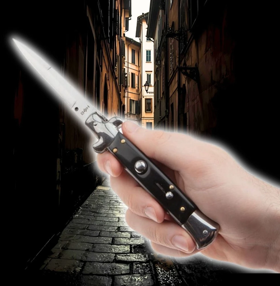 BSH ADVENTURE ITALIJOS SICILIJOS PAVASARINIO PEILIO KIŠENĖS PEILIS MAFIA DAGGER AUTOMATINIS dangtelis