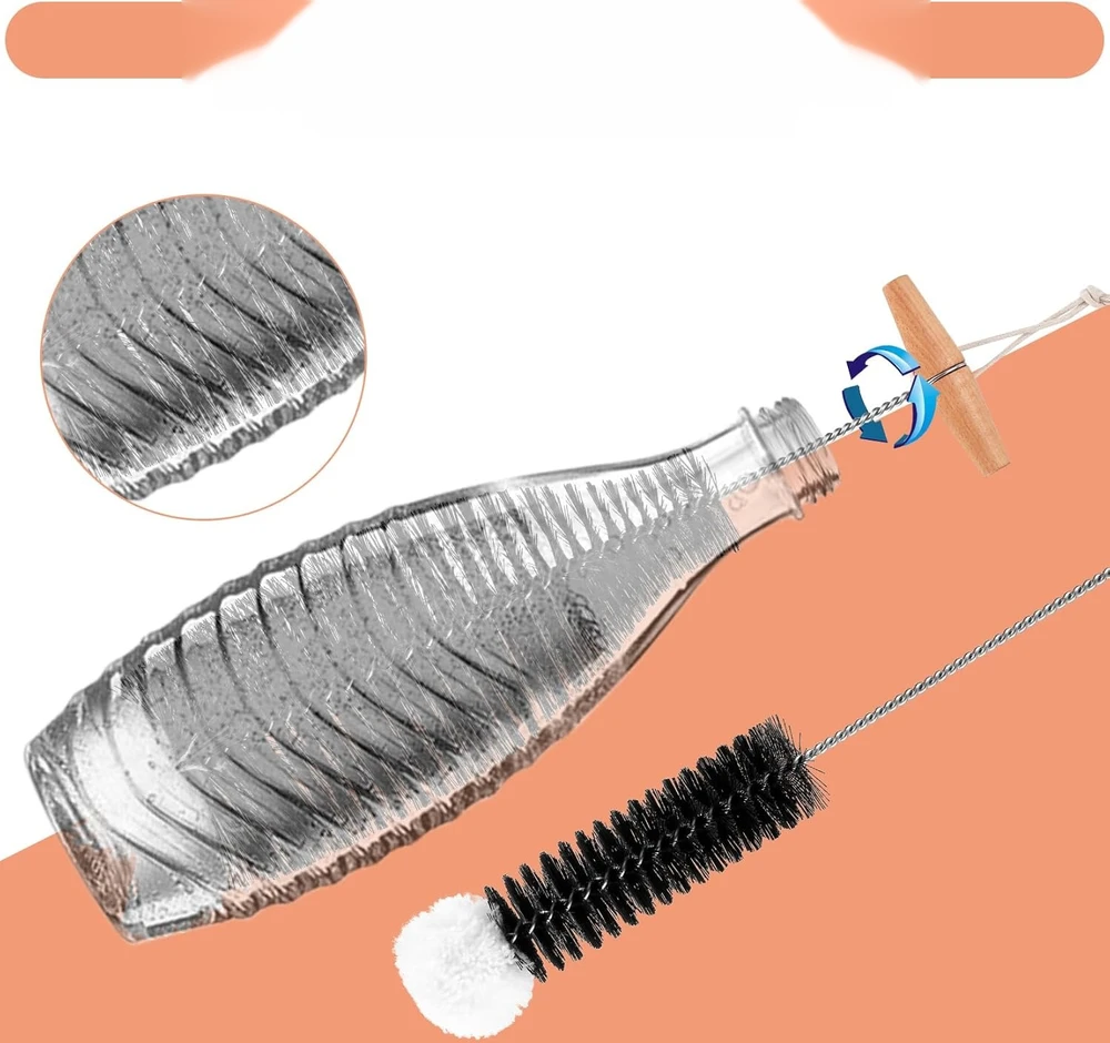 BUTELIŲ ŠEPETĖLIS 2 VIENETĖS 33 CM NAILONINĖ KEMPINĖ MEDIENA ERGONOMIKAI ILGA