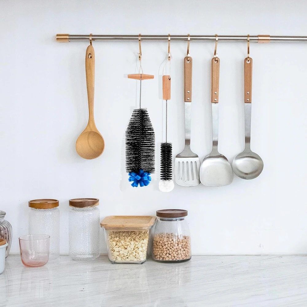 BUTELIŲ ŠEPETĖLIS 2 VIENETĖS 33 CM NAILONINĖ KEMPINĖ MEDIENA ERGONOMIKAI ILGA