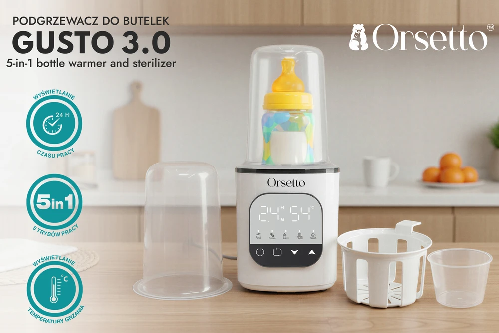 BUTELIŲ ŠILDYTUVAS IR STERILIZATORIUS 200 W 5IN1 ORSETTO GUSTO 3.0