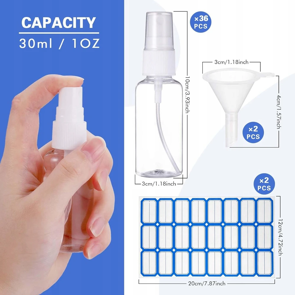 Buteliukas 30 ml, 36 vnt. su purkštuvu, permatomas plastikinis indelis
