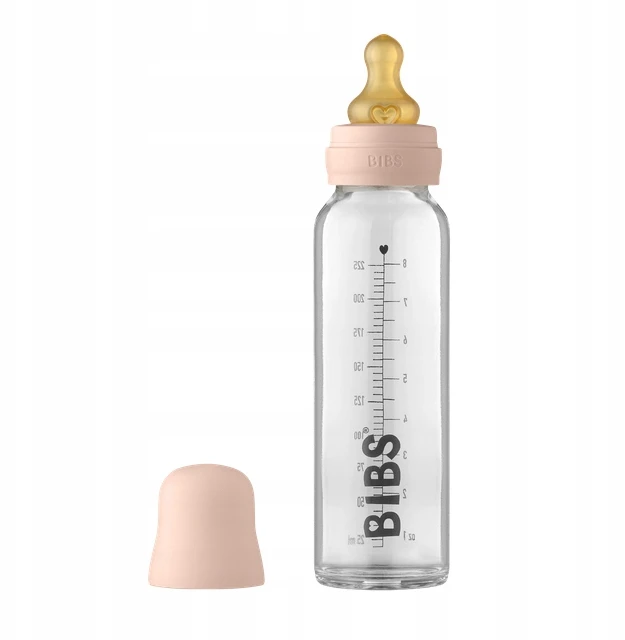 BIBS stiklinis buteliukas nuo dieglių 225 ml (Blush) pilnas komplektas