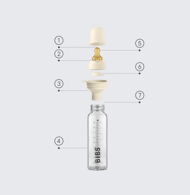 BIBS stiklinis buteliukas nuo dieglių 225 ml (Blush) pilnas komplektas