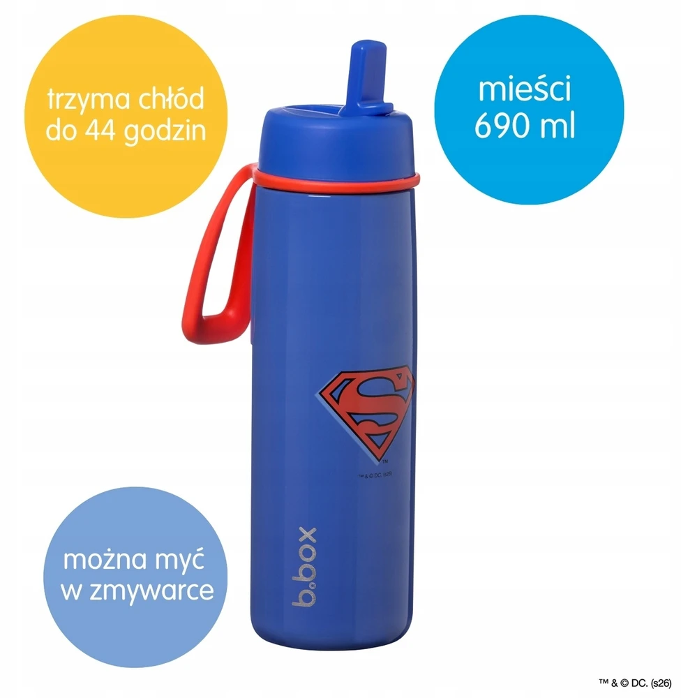 Buteliukas termiczna na wodę 690ml termos ze słomką plieno Superman b.box