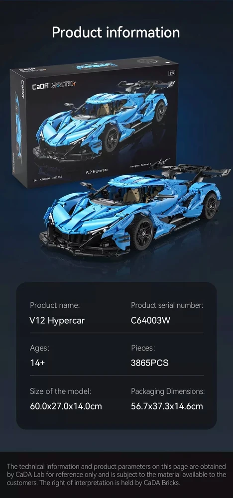 CADA BLOKAI SPORTINIS AUTOMOBILIS 60CM V12 HYPERCAR RACING CAR 3865EL.
