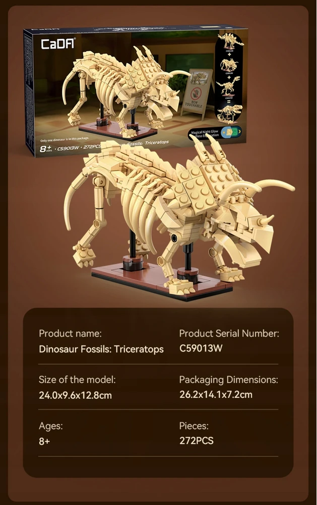 CADA statybinės plytos Dinosaur Triceratops Luminous 272 vnt C59013W