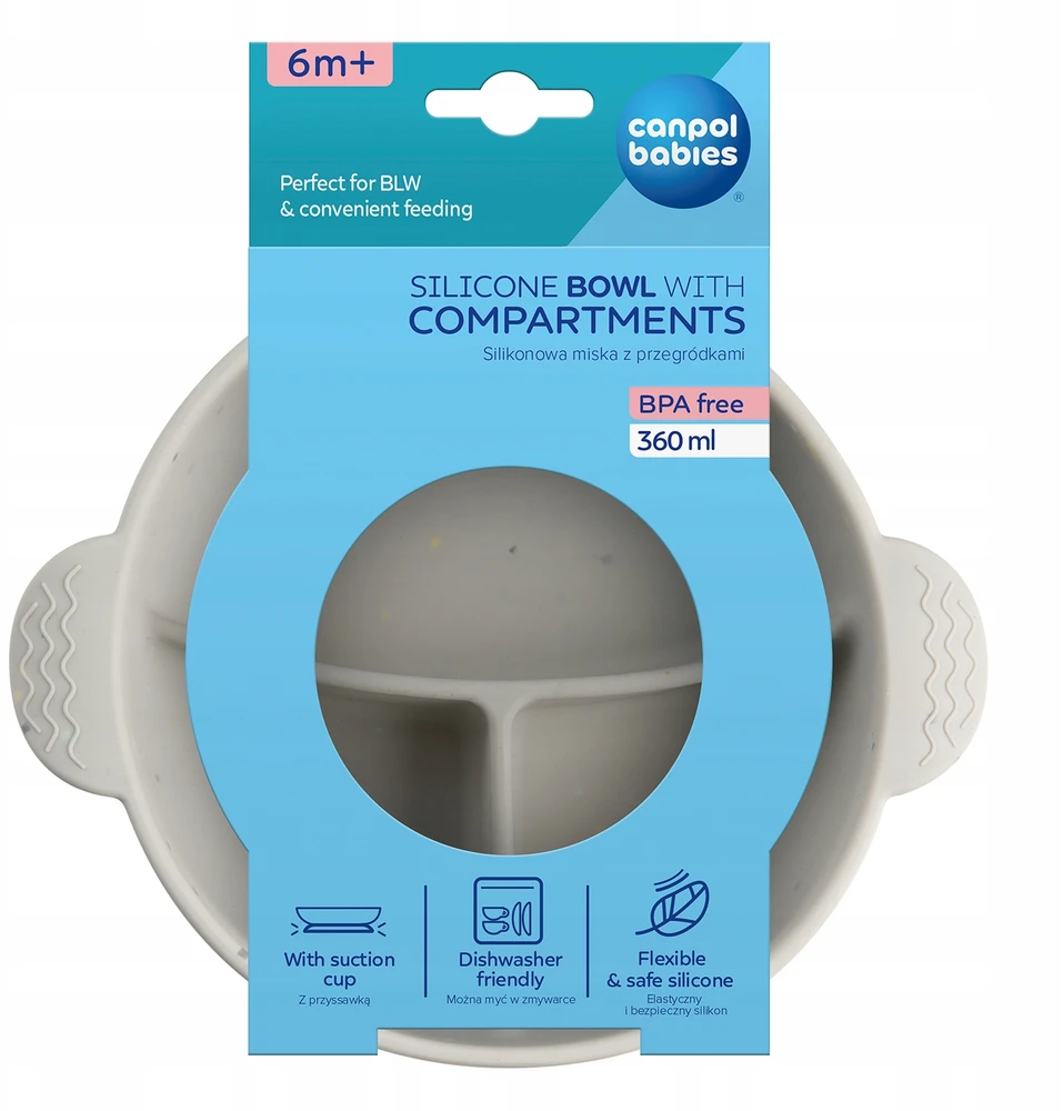 CANPOL BABIES silikoninis neslystantis dubenėlis DOTS, 3 skyrių, 360 ml, 51/403_grey