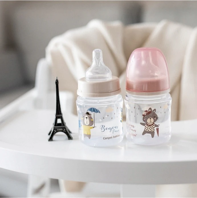 CANPOL BABIES plataus kaklelio buteliukas EASYSTART BONJOUR PARIS, 120 ml, 35/231_blu