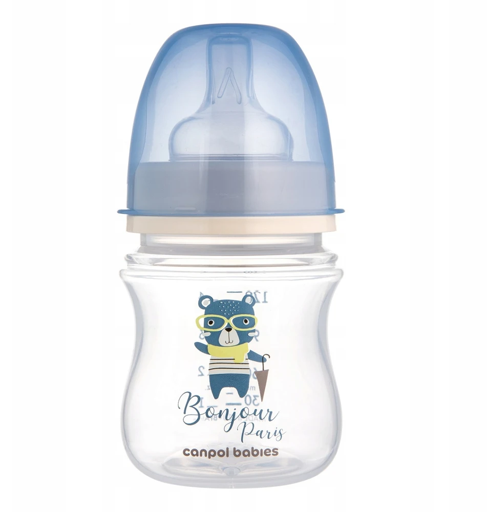 CANPOL BABIES plataus kaklelio buteliukas EASYSTART BONJOUR PARIS, 120 ml, 35/231_blu