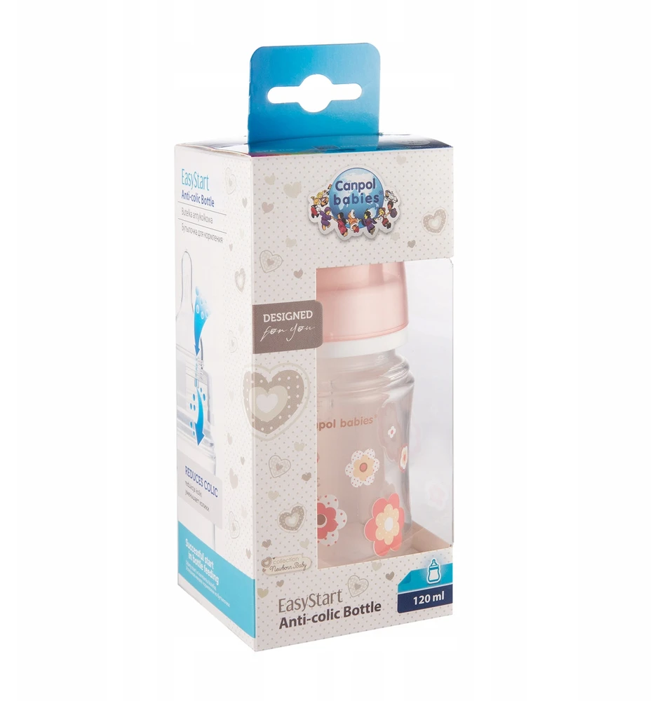 Canpolbabies CANPOL 35/216 Easystart naujagimiui plačiai atidaromas buteliukas nuo dieglių 120 ml rožinės gėlės