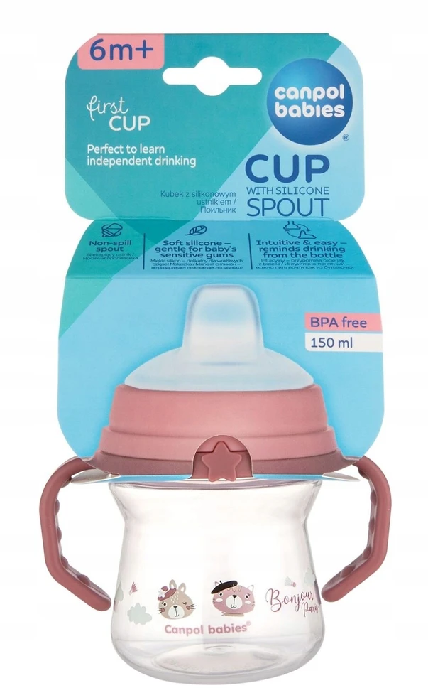 Canpol babies gertuvė su silikoniniu snapeliu FirstCup 150ml BONJOUR PARIS (56/612_pin)