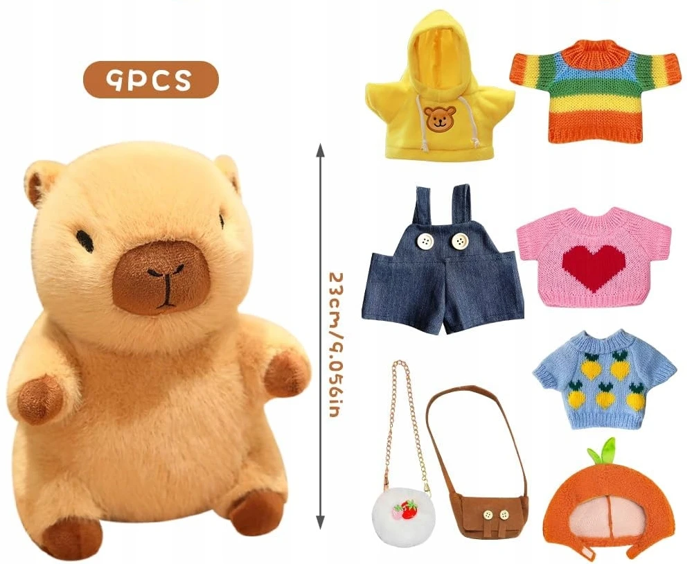 CAPYBARA PLIUSINIS ŽAISLAS STILINGI DRABUŽIŲ PRIEDAI SPALVOTAS RINKINYS VAIKAMS 23 CM